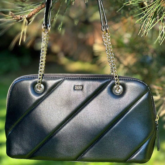 DKNY Bryant Park Top Zip Satchel Shoulder Bag Logo Black Chain - Picture 1 of 11